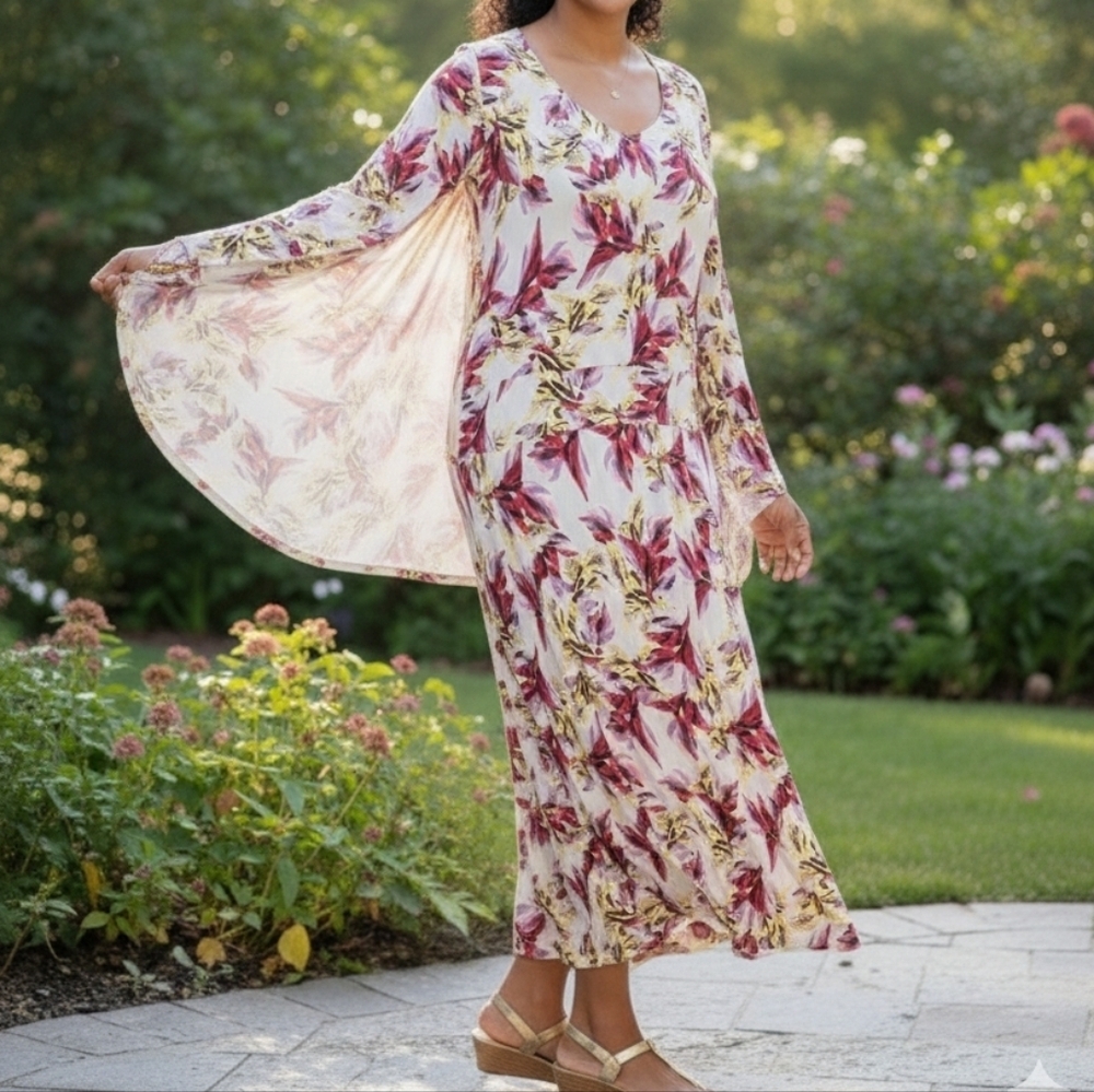 NWT IMAN Global Chic ITY Printed Cape Dress - Floral Boho Midi - Size 1X
